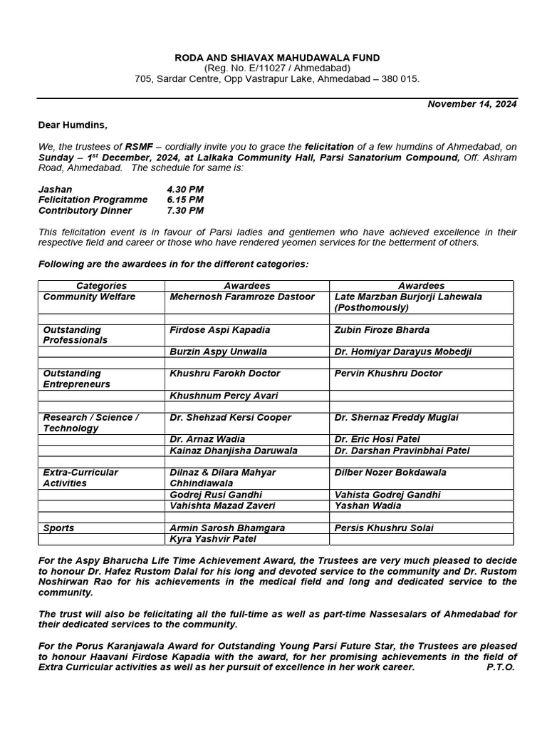 RSMF Awards Circular 2024 | PDF | Foods | Zoroastrianism