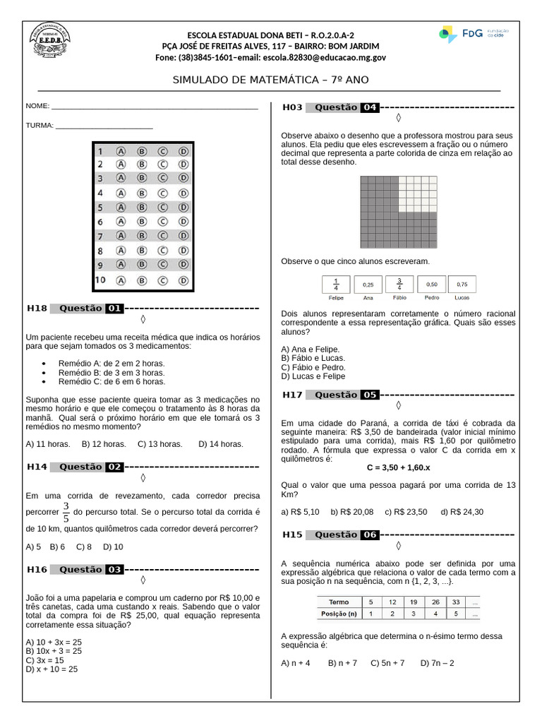 Simulado de Matemática - 7º Ano | PDF | Matemática elementar | Matemática