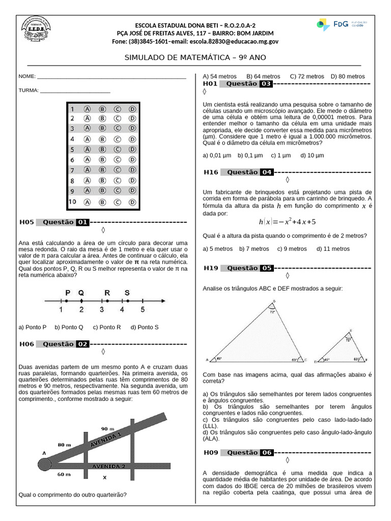 Simulado de Matemática - 9º Ano | PDF | Triângulo | Metro