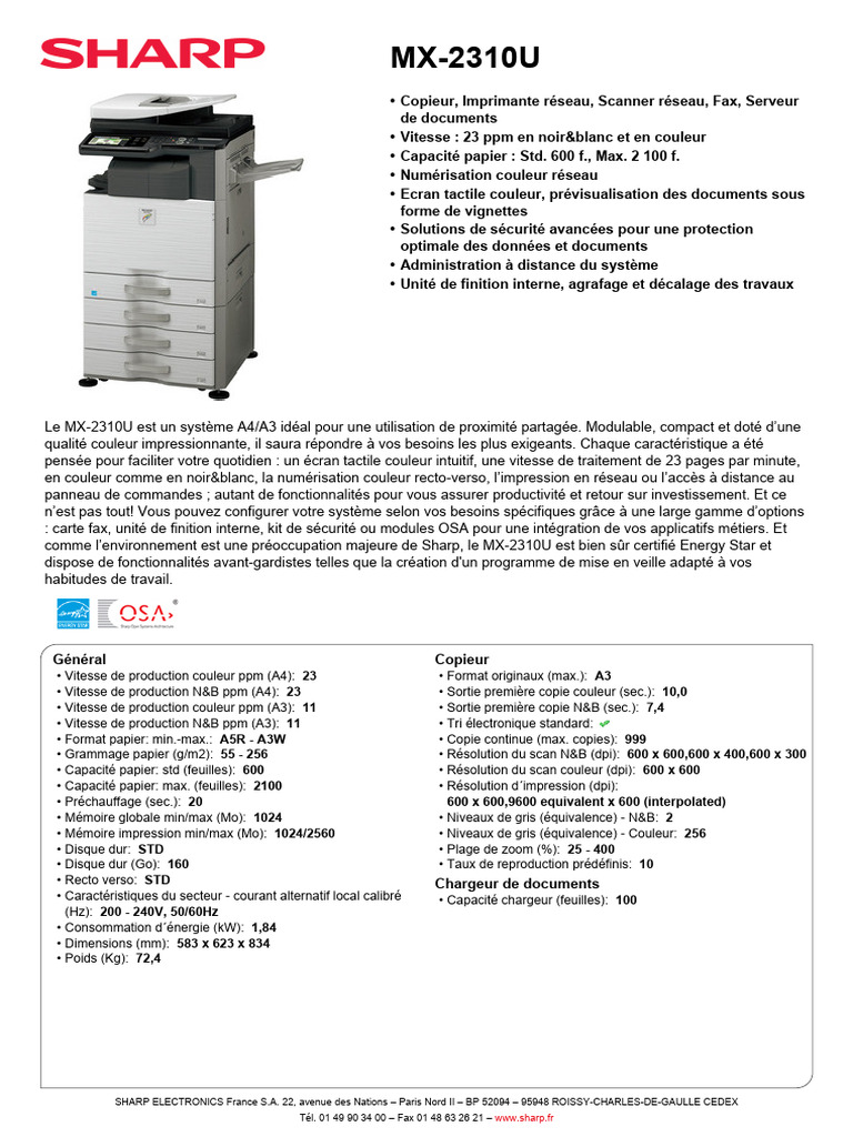 Copieur Sharp MX-2310U: Performances et Fonctions | PDF | Serveur ...