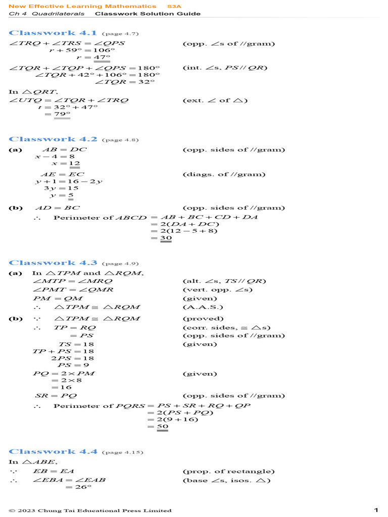 Quadrilaterals Classwork Solutions Guide | PDF | Rectangle | Euclidean ...