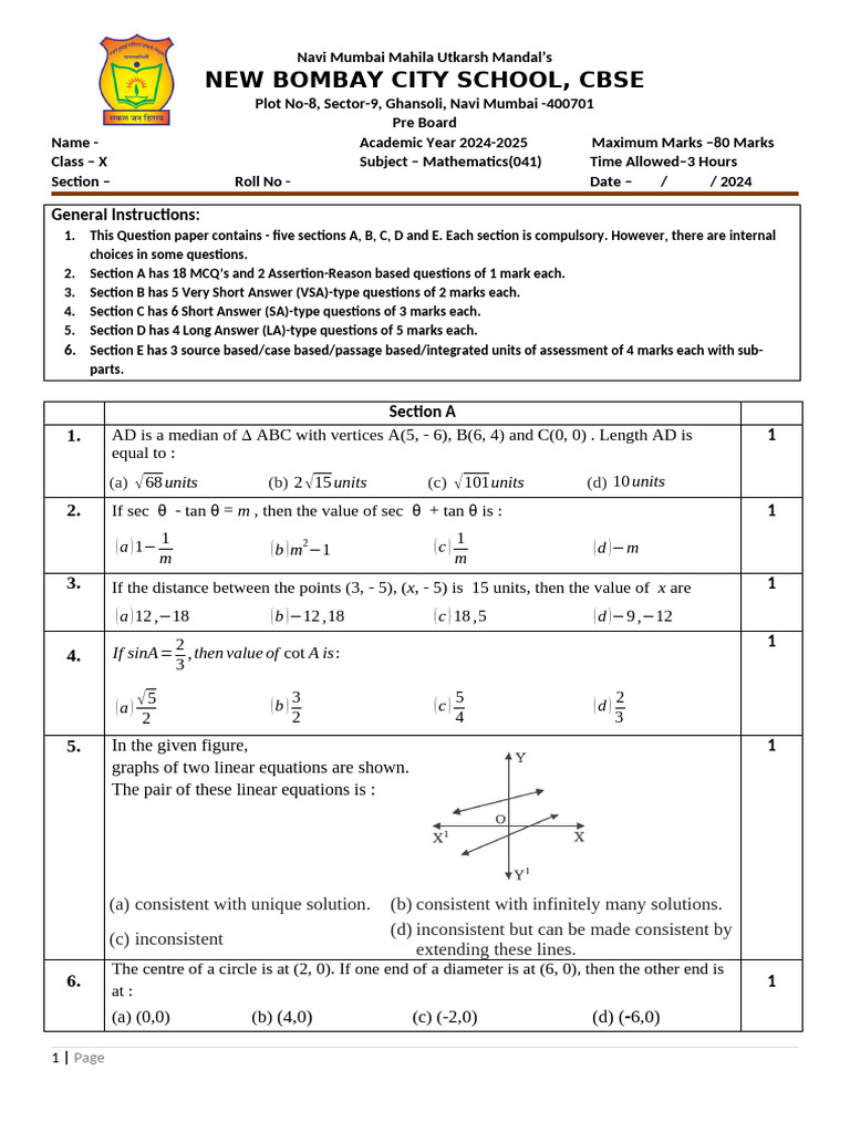 Class X Mathematics Pre Board Exam 2024 | PDF | Circle | Sphere