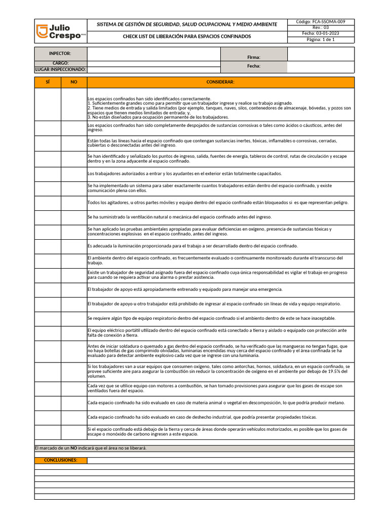 FCA-SSOMA-009 REV 03 Check List Espacios Confinados | PDF | Oxígeno ...