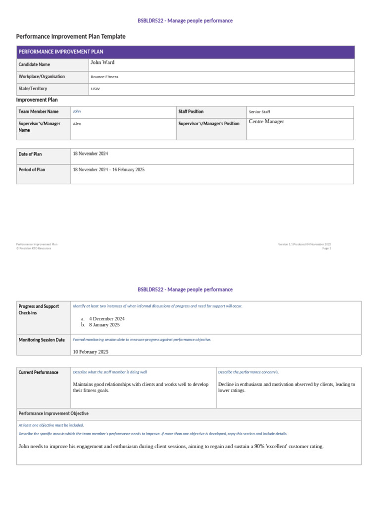 BSBLDR522 Performance Improvement Plan Template John | PDF ...