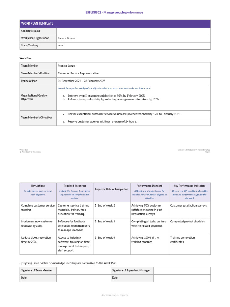 BSBLDR522 Work Plan Template | PDF | Performance Indicator ...