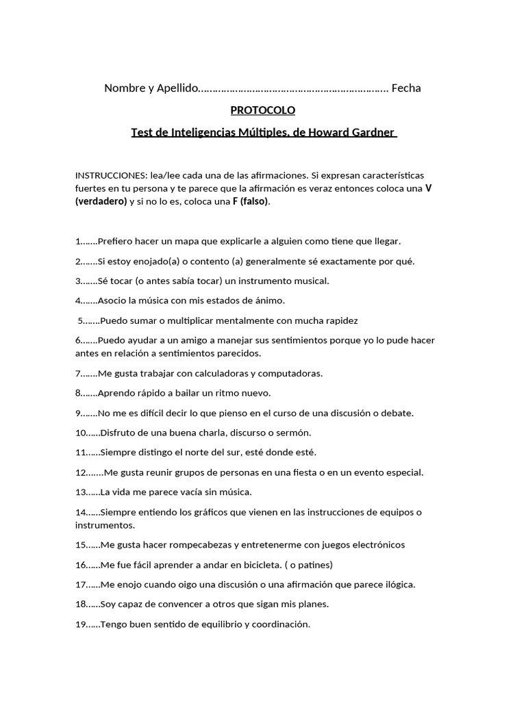 Protocolo Test de Inteligencias Múltiples Gardner 2022 | PDF