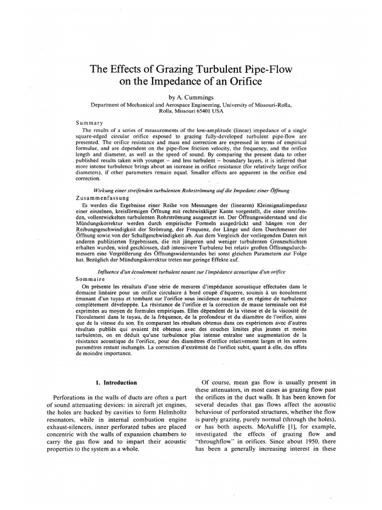 Orifice Impedance in Turbulent Flow | PDF | Boundary Layer | Fluid Dynamics