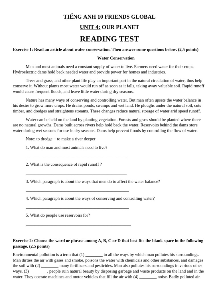 Friends global 10 unit 4 reading test pdf pollution water