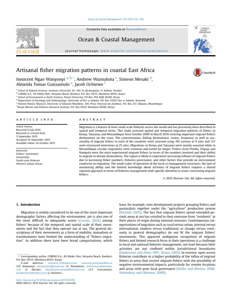 East Africa Artisanal Fisher Migration Patterns | PDF | Human Migration ...