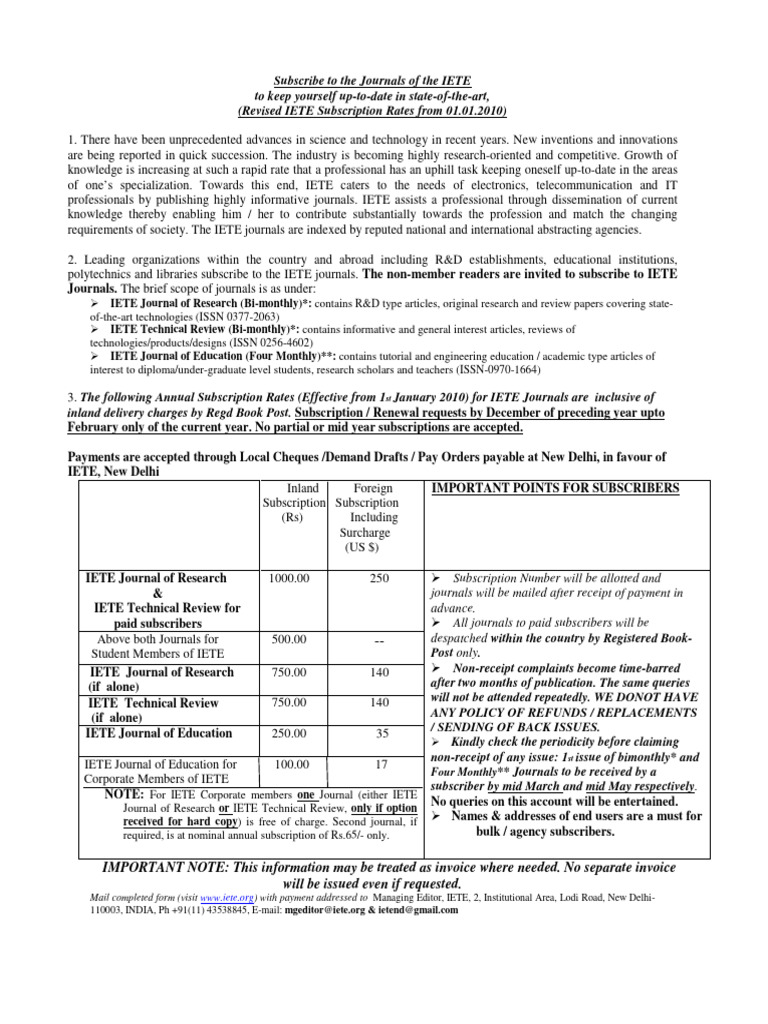 IETE Journal Subscription Details | PDF | Subscription Business Model ...
