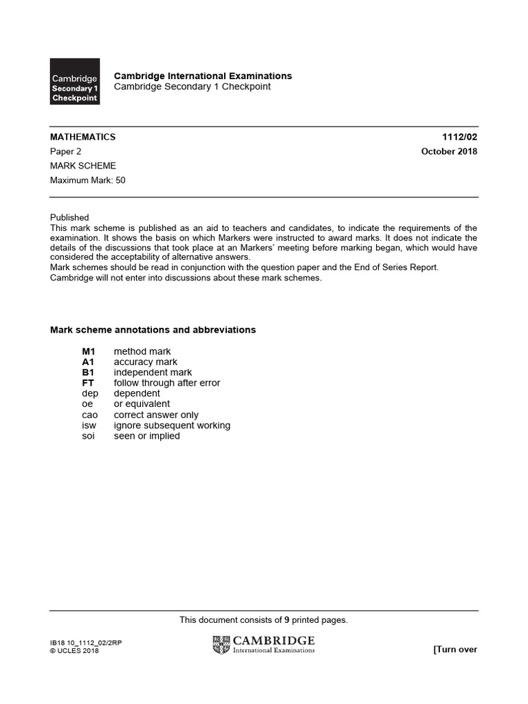 Cambridge Checkpoint Maths Mark Scheme | PDF | Equations | Applied ...