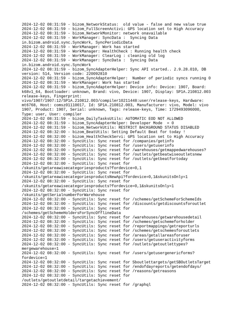 Bizom Sync and Network Status Log | PDF | Software Engineering ...