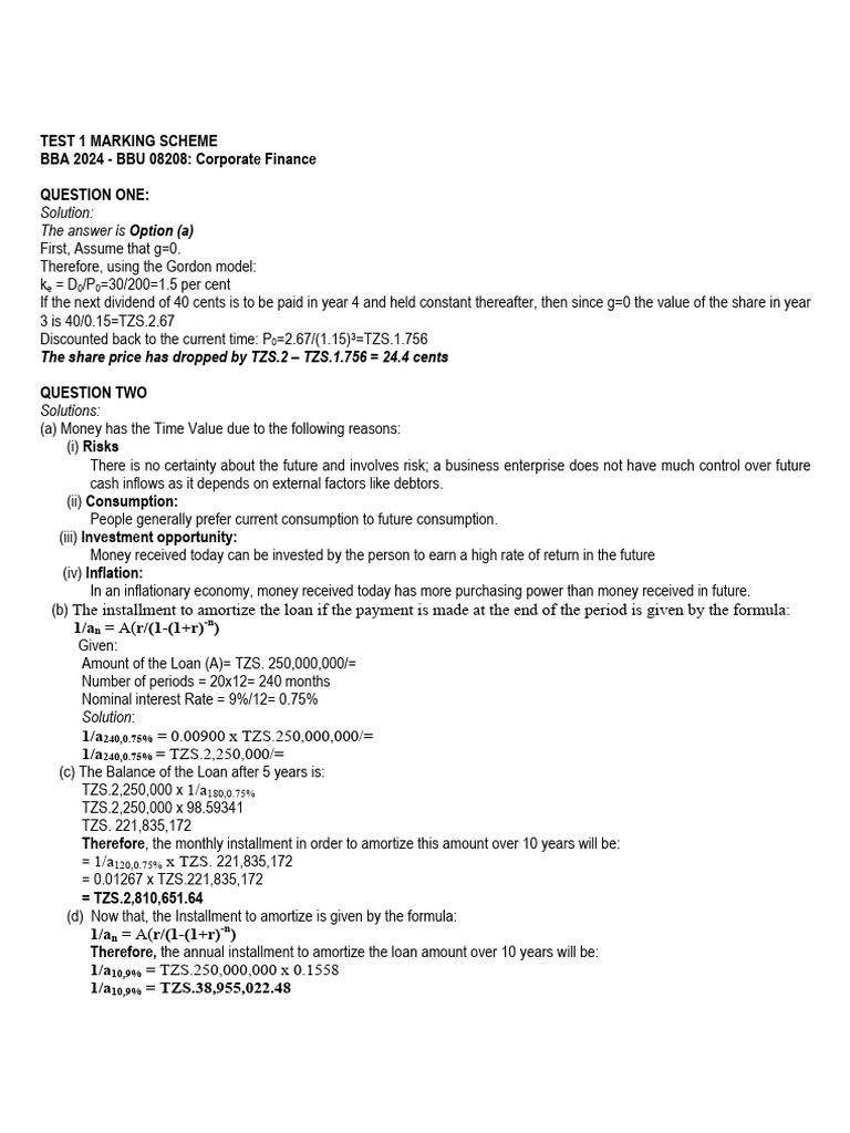 BBU 08208 Test 1 Marking Scheme | PDF | Interest | Discounting