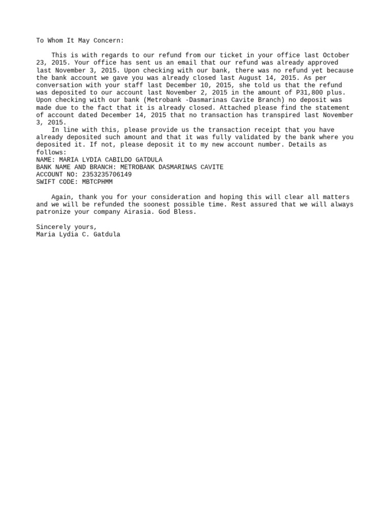 Request for Ticket Refund Confirmation | PDF