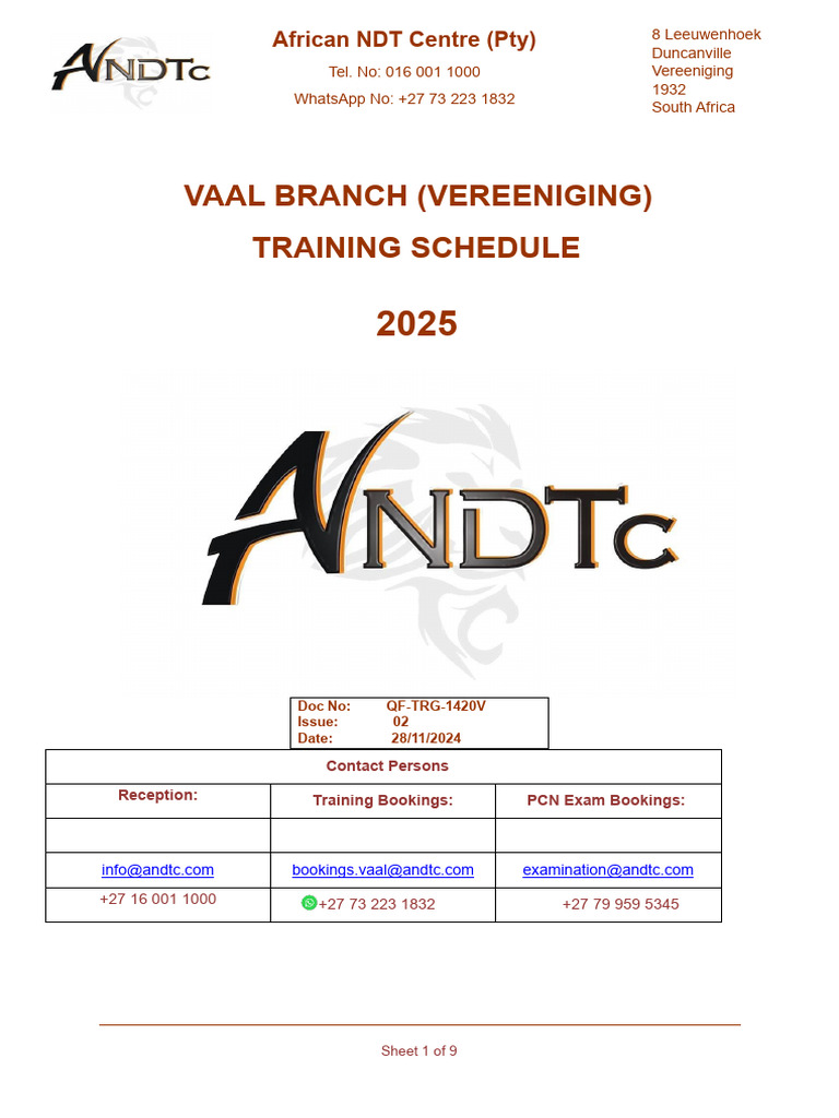 ANDTc Vaal Training Schedule 2025Iss 02 PDF