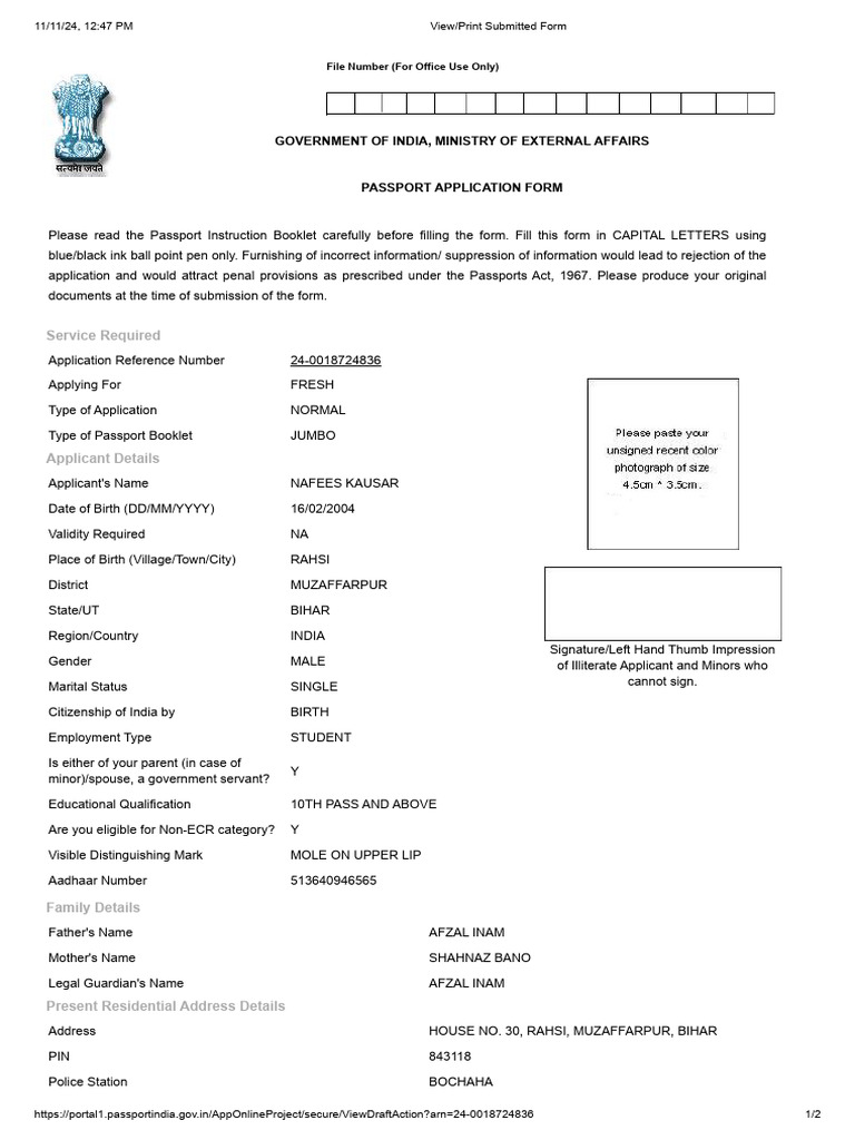 Indian Passport Application Form Details | PDF | Passport | Government