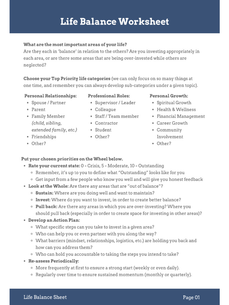 Life Balance Worksheet English V | PDF