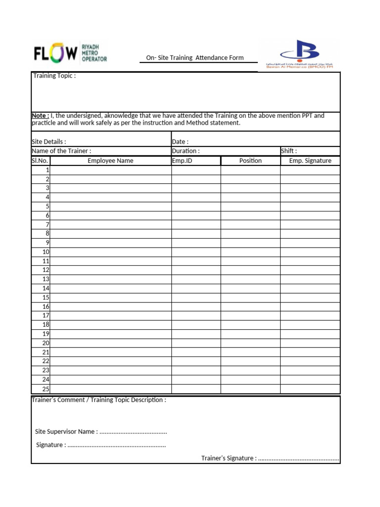 On-Site Training Attendance Form | PDF