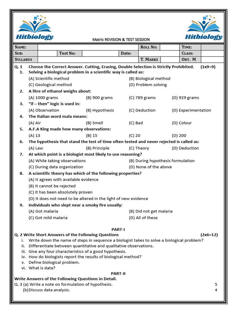 Chapter 2 Solving a Biological Problem Test 9th - Phase 1 | PDF ...