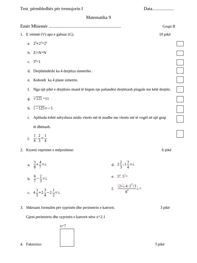 Matematika 9 - Test 1 | PDF