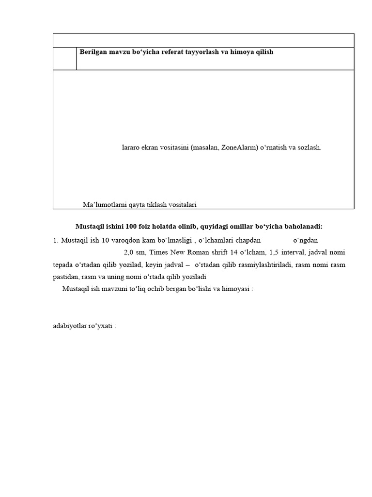 Loyiha Ishi 2. Berilgan Mavzu Bo Yicha Referat Tayyorlash Va Himoya ...