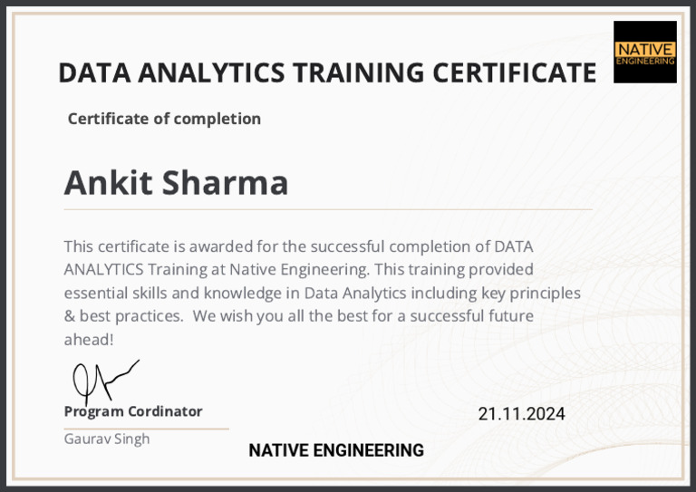 Data Analytics Training Certificate: Ankit Sharma | PDF
