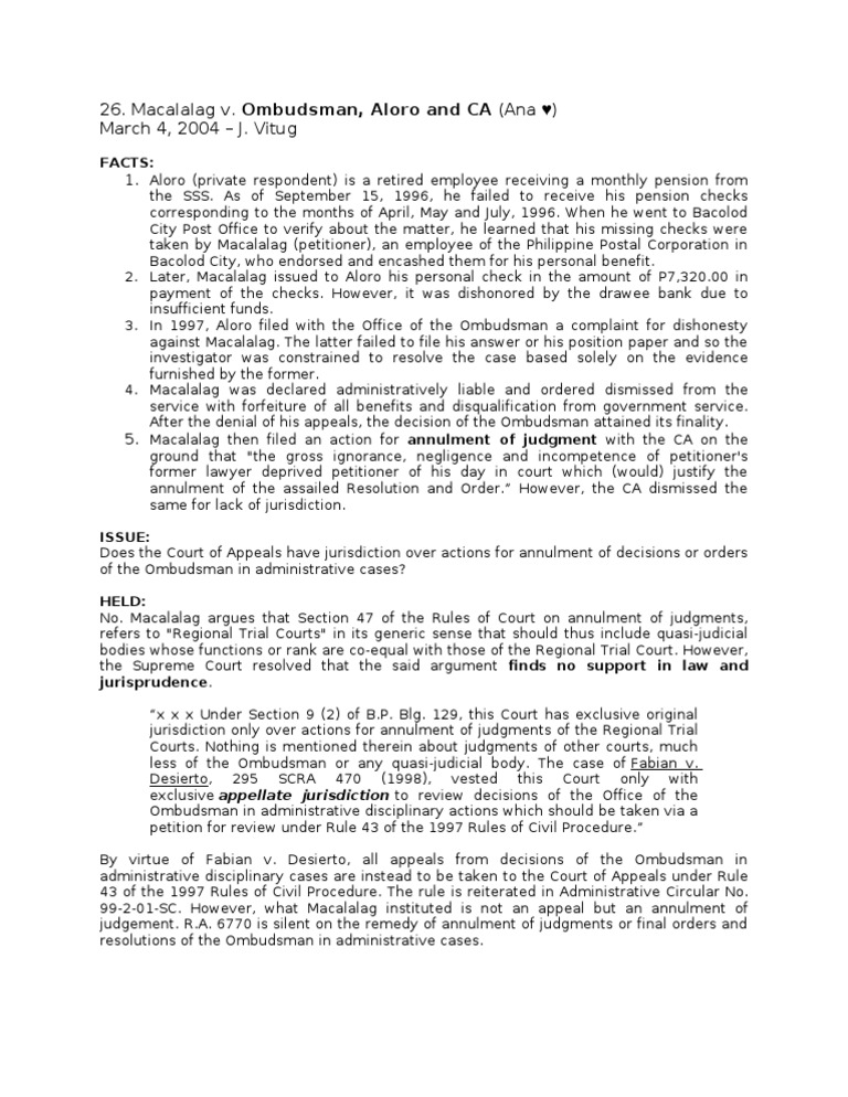 Macalalag v. Ombudsman (Ana) PDF Judgment (Law) Appeal