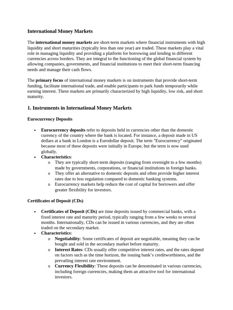 Overview of International Money Markets | PDF | Money Market | Interest ...