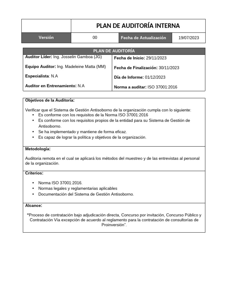 Plan de Auditoría ISO 37001:2023 | PDF | Contralor | Auditoría