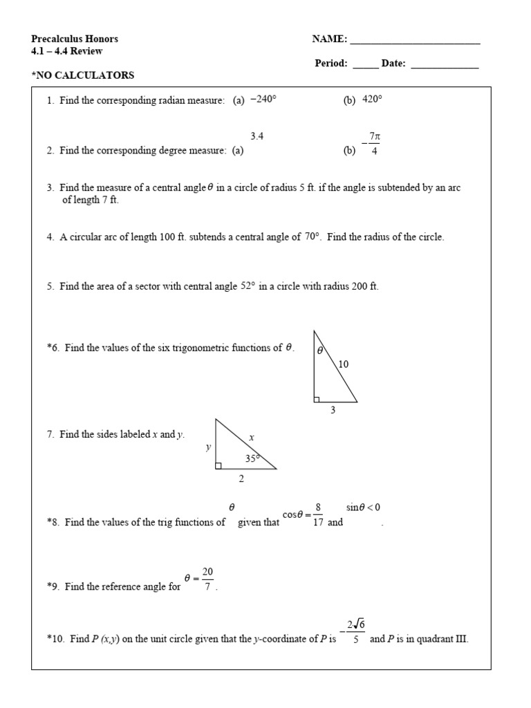 4.1-4.4 Review | PDF | Angle | Trigonometric Functions