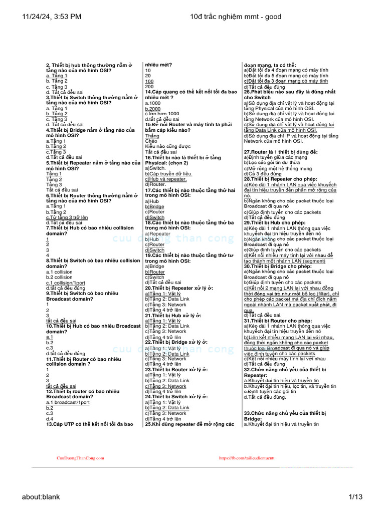 10đ trắc nghiệm mmt - good | PDF