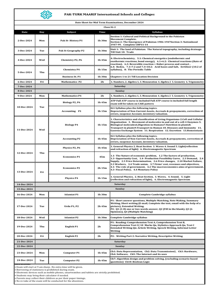 December 2024 Mid Term Exam Schedule | PDF | Chemical Reactions | Chemistry