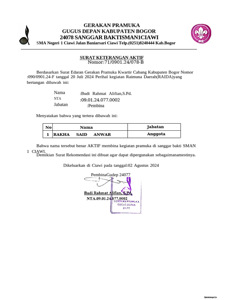 Surat Keterangan Aktif Rakha Said Anwar | PDF