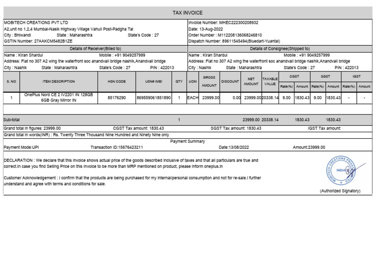 Tax Invoice for OnePlus Nord CE 2 Purchase | PDF | Invoice | Taxes