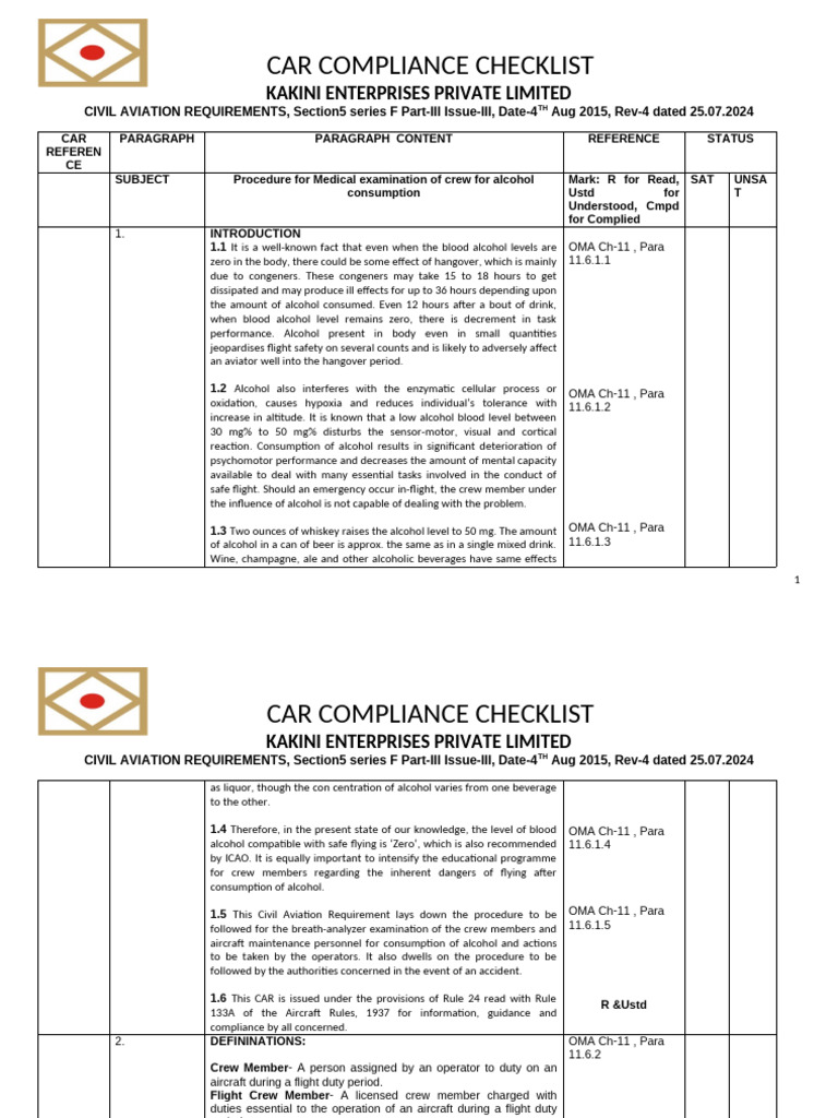 Car Compliance Checklist for Alcohol Testing | PDF | Flight Attendant ...