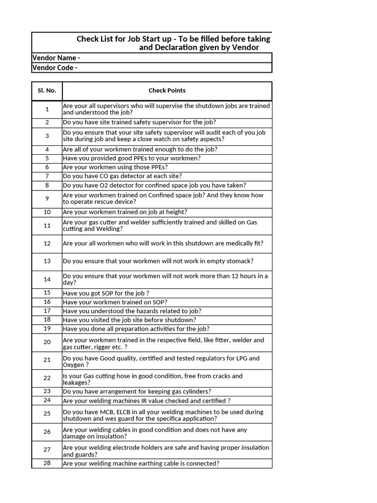 Check List For Job Start Up and Declaration by Vendor - To Be Filled ...