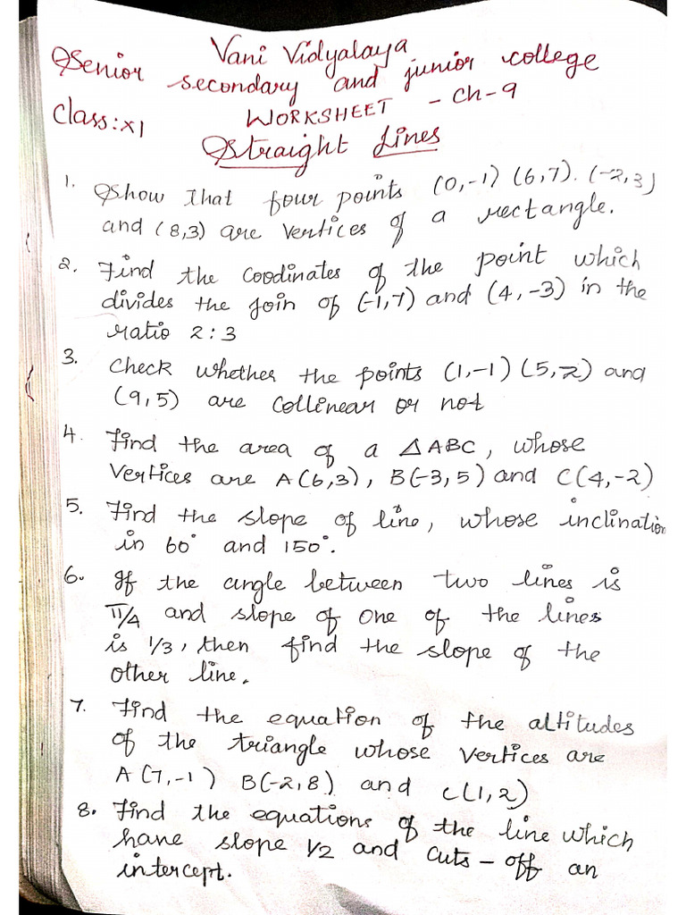 XI Maths Worksheet Ch9 Straight Line | PDF