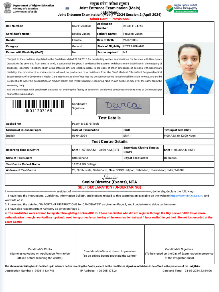 JEE Main 2024 Admit Card Instructions | PDF | Identity Document