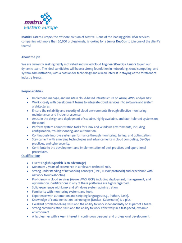 Junior DevOps Engineer Position in Eastern Europe | PDF | Cloud ...
