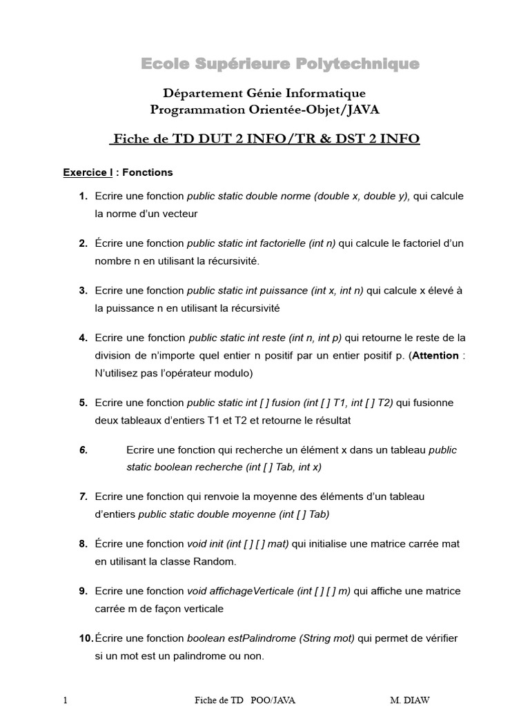 TD POO JAVA : Fonctions et Classes | PDF | Java (Langage de ...