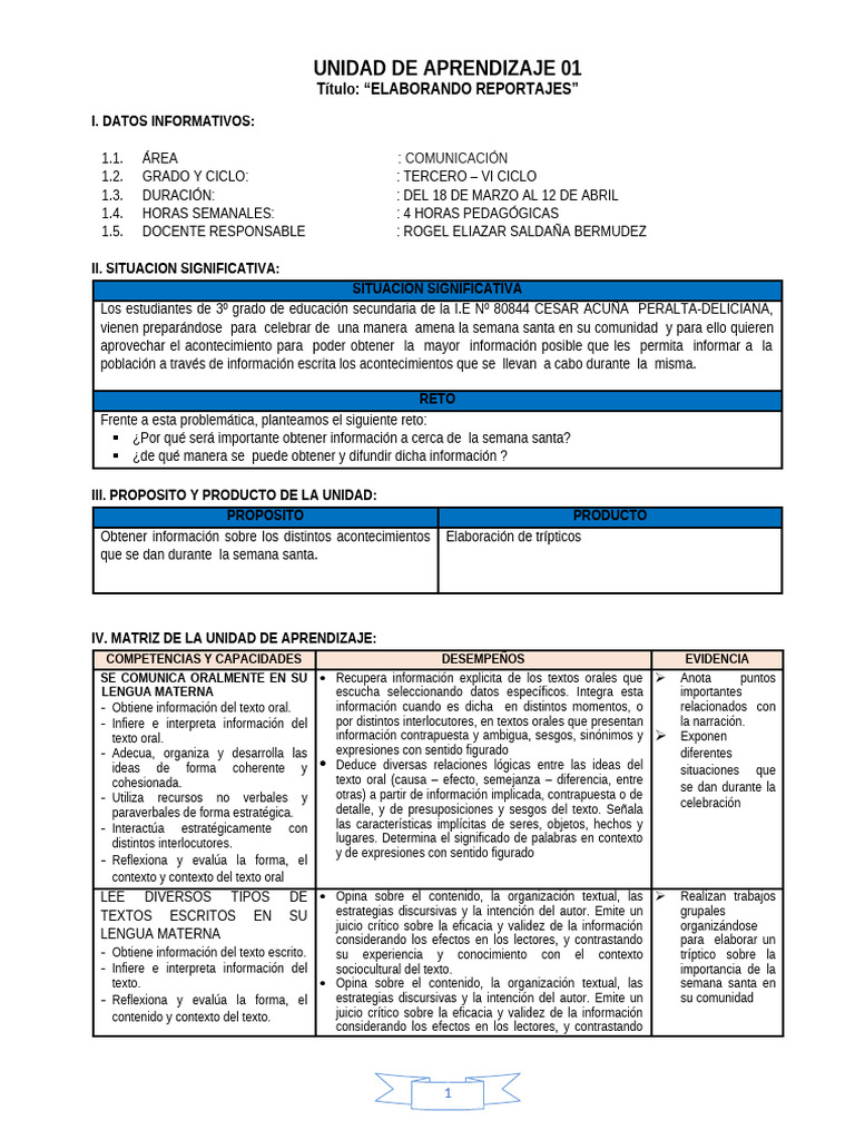 Unidad de Aprendizaje 01 Comunicacion | PDF | Evaluación | Aprendizaje