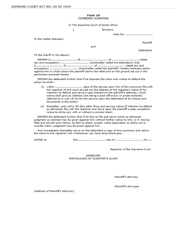 Combined Summons Template for Court | PDF | Summons | Plaintiff