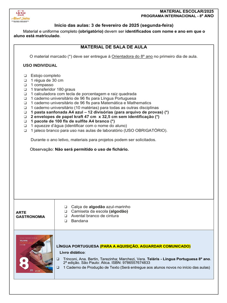 Material Escolar 8º Ano 2025 | PDF