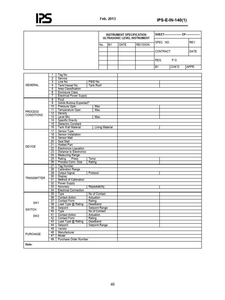 Ultrasonic Level Instrument Specification | PDF | Switch | Instrumentation