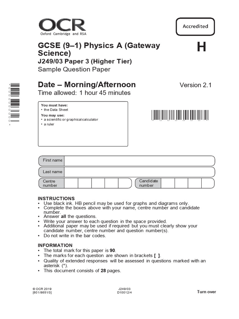 Unit j249 03 Physics Higher Tier Paper 3 Sample Assessment Material ...