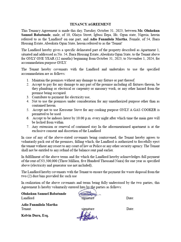 Ogun State Tenancy Agreement 2023-2024 | PDF | Leasehold Estate | Landlord