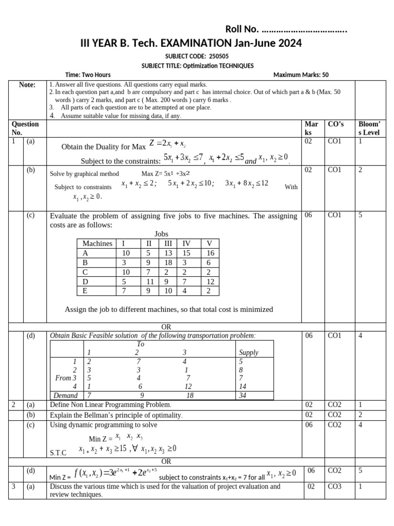 Optimization Tech. V Sem-Dec. - 2024 (250505) | PDF | Mathematical ...