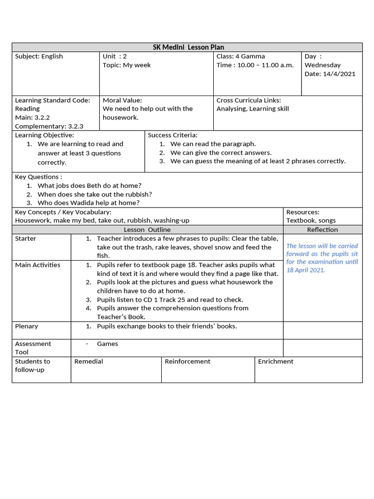 English Lesson Plan: My Week for Class 4 | PDF | Reading Comprehension ...