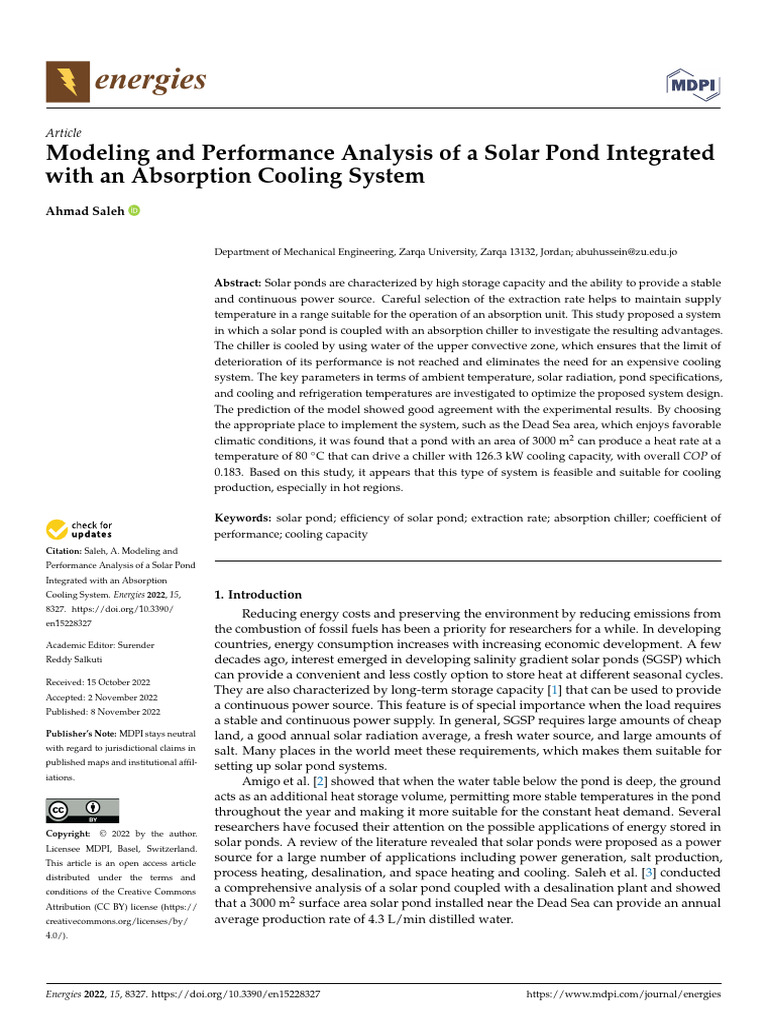 Energies: Modeling and Performance Analysis of A Solar Pond Integrated ...
