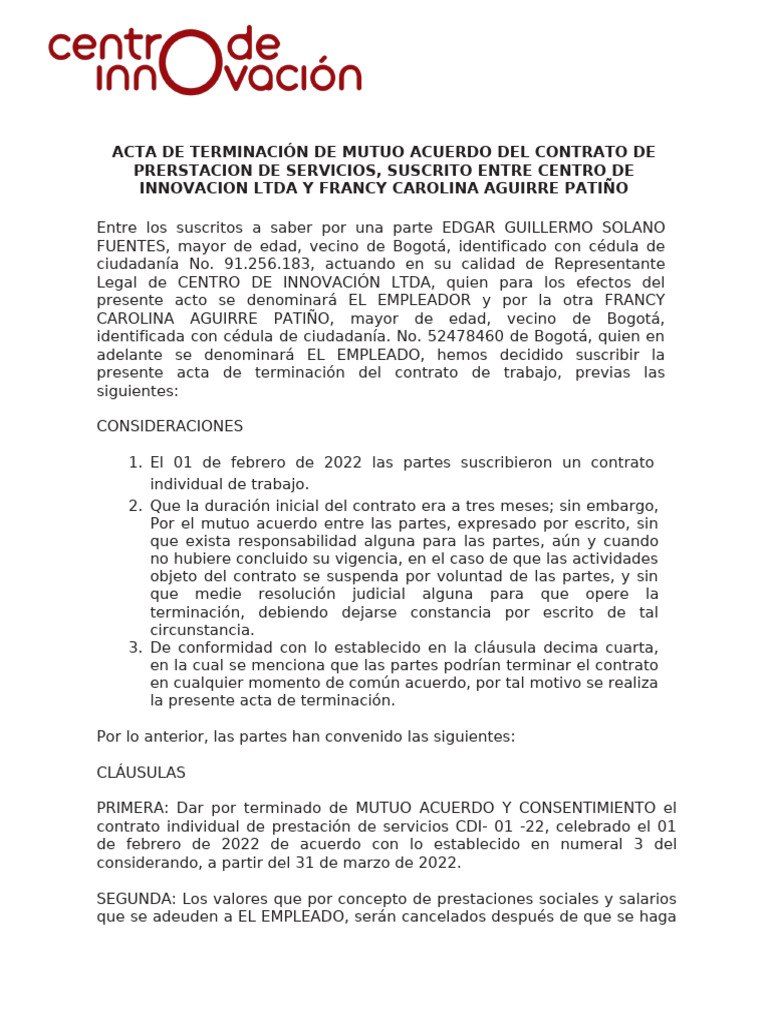 Acta de Terminacion de Mutuo Acuerdo | PDF